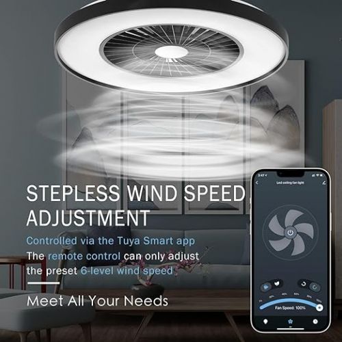  BKZO Modern Smart LED Ceiling Light with Fan, Diameter 60 cm, Ceiling Fan with Lamp, Smooth Ventilation Speeds, Effortless Light Dimming, 3000-5500 K, Black, 60 cm