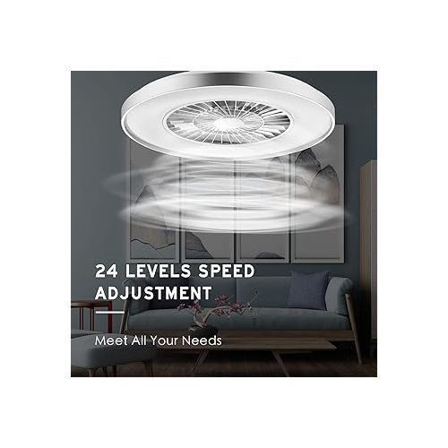 BKZO Modern LED Ceiling Light with Fan, Ceiling Fan with Lamp, 24 Ventilation Speeds, Effortless Light Dimming for Living Room, Bedroom, Office, 3000-5500 K, Silver Frame