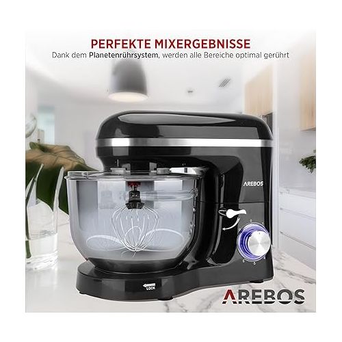  Arebos Stand Mixer 1500 W with 6 L stainless steel mixing bowl, incl. whisk, dough hook, flat beater and splash guard, 6 speed settings and pulse function