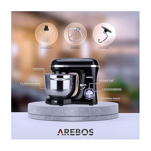  Arebos Stand Mixer 1500 W with 6 L stainless steel mixing bowl, incl. whisk, dough hook, flat beater and splash guard, 6 speed settings and pulse function