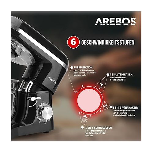  Arebos Stand Mixer 1500 W with 6 L stainless steel mixing bowl, incl. whisk, dough hook, flat beater and splash guard, 6 speed settings and pulse function
