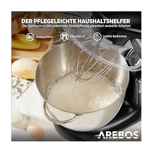  Arebos Stand Mixer 1500 W with 6 L stainless steel mixing bowl, incl. whisk, dough hook, flat beater and splash guard, 6 speed settings and pulse function