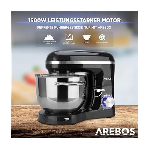 Arebos Stand Mixer 1500 W with 6 L stainless steel mixing bowl, incl. whisk, dough hook, flat beater and splash guard, 6 speed settings and pulse function