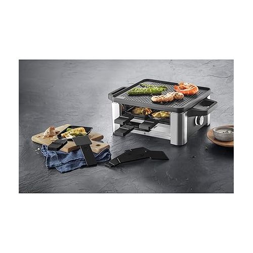  WMF Lono Raclette Grill with Frying Pan and Sliders, Raclette 4 People, 870 W, Matte Stainless Steel