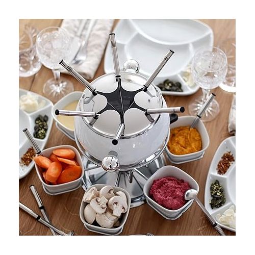  Maser 931228 Fondue Set 28 Pieces White Fondue Pot with Splash Guard / Fondue Forks / Bowls / Fondue Plate for 6 People