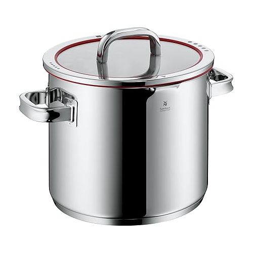  WMF Stock pot Ø 24 cm approx. 8,8l Function 4 Inside scaling lid - pour off or decant liquids without spilling to keep your dishes and cooker clean. Hollow side handles glass lid Cromargan stainless steel brushed suitable for all stove tops including induction dishwasher-safe