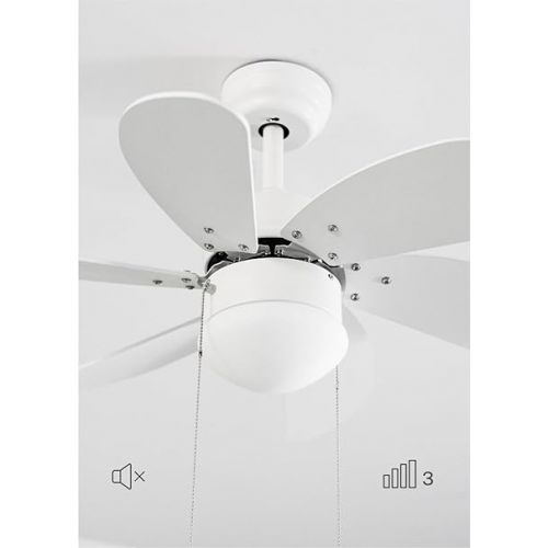  CREATE Windasy, ceiling fan, white, reversible natural wood blades with lighting, 53 W, quiet, diameter 86 cm, 3 speeds, AC motor, summer winter operation