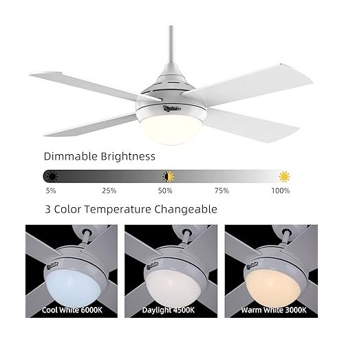  Ovlaim 122 cm Ceiling Fan with LED Lighting and Remote Control, Quiet, Energy-Saving DC Motor 6 Speeds, 3 Colour Temperature Light, Timer, Suitable for Summer and Winter (Upwind and Downwind) - White