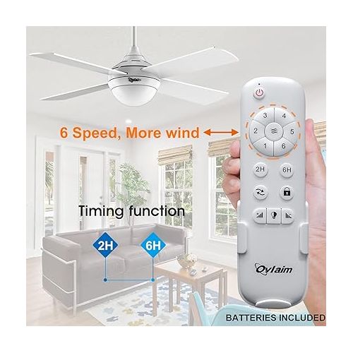  Ovlaim 122 cm Ceiling Fan with LED Lighting and Remote Control, Quiet, Energy-Saving DC Motor 6 Speeds, 3 Colour Temperature Light, Timer, Suitable for Summer and Winter (Upwind and Downwind) - White