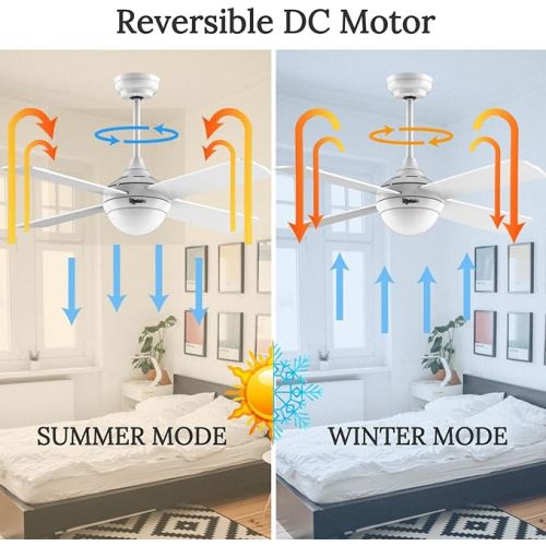  Ovlaim 122 cm Ceiling Fan with LED Lighting and Remote Control, Quiet, Energy-Saving DC Motor 6 Speeds, 3 Colour Temperature Light, Timer, Suitable for Summer and Winter (Upwind and Downwind) - White