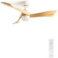 CREATE / Windlight Curve Ceiling Fan White with Lighting and Remote Control, Natural Wood Wings / 40 W, Quiet, Diameter 132 cm, 6 Speeds, Timer, DC Motor, Summer Winter Operation