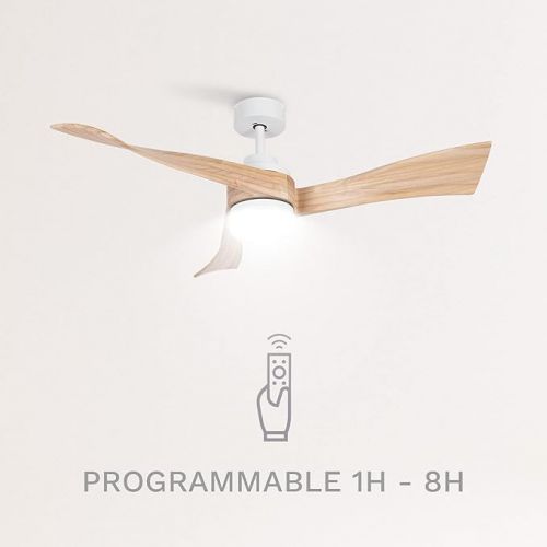  CREATE / Windlight Curve Ceiling Fan White with Lighting and Remote Control, Natural Wood Wings / 40 W, Quiet, Diameter 132 cm, 6 Speeds, Timer, DC Motor, Summer Winter Operation