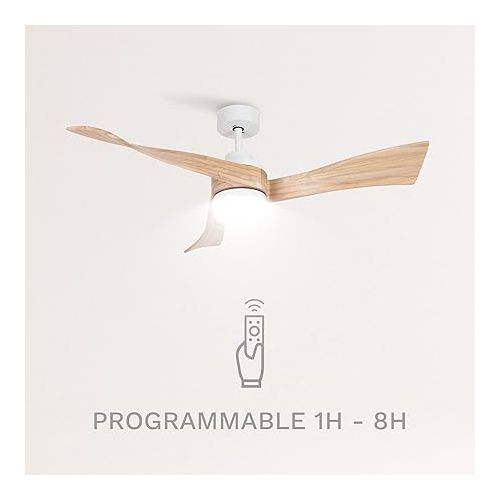  CREATE / Wind Curve / Ceiling Fan with Lighting White Natural Wood Wings with Remote Control / 40 W, Quiet, Diameter 132 cm, 6 Speeds, Timer, DC Motor, Summer Winter Operation