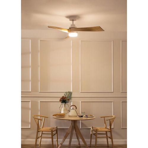  CREATE / Windlight Curve Ceiling Fan White with Lighting and Remote Control, Natural Wood Wings / 40 W, Quiet, Diameter 132 cm, 6 Speeds, Timer, DC Motor, Summer Winter Operation