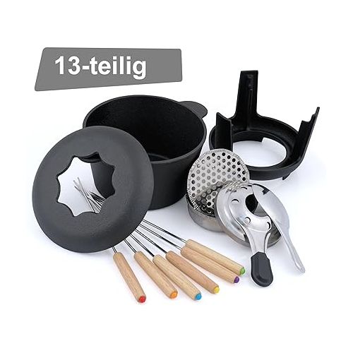  BBQ-Toro Cast Iron Fondue Set for 6 People, 13-Piece Fondue Set with Burner and Forks, Capacity 1 Litres Cheese Chocolate Induction