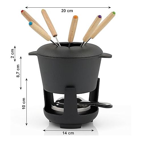  BBQ-Toro Cast Iron Fondue Set for 6 People, 13-Piece Fondue Set with Burner and Forks, Capacity 1 Litres Cheese Chocolate Induction