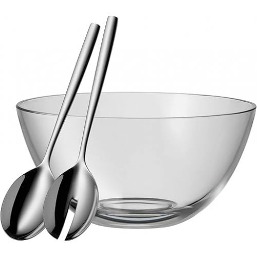  WMF Taverno 3-Piece Salad Bowl Set, Glass Bowl Diameter 23.5 cm, Salad Servers 25 cm, Glass, Stainless Steel, Cromargan, Rustproof, Dishwasher Safe, 43 x 30 x 30 cm