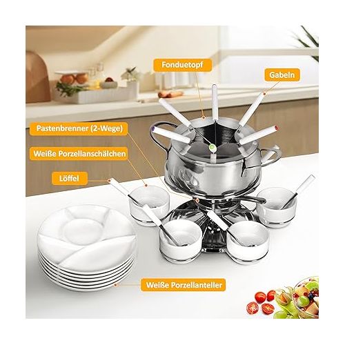  Ribelli fondue set, 28 piece stainless steel set, 6 x forks, spoons, plates, bowls for cheese fondue, meat fondue, ideal for 6 people