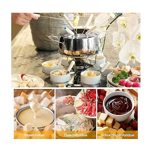  Ribelli fondue set, 28 piece stainless steel set, 6 x forks, spoons, plates, bowls for cheese fondue, meat fondue, ideal for 6 people