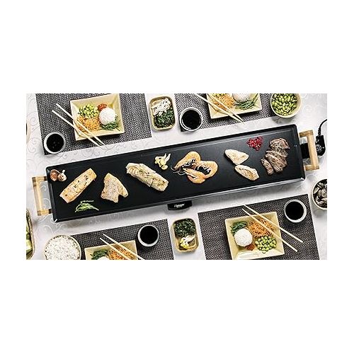  Bestron Electric Table Grill, XXXL Plancha/Teppanyaki Grill Plate with Non-Stick Coating, Barbecue Fun for up to 10 People, Extra Long Grill Surface, 2,000 Watt, Colour: Black