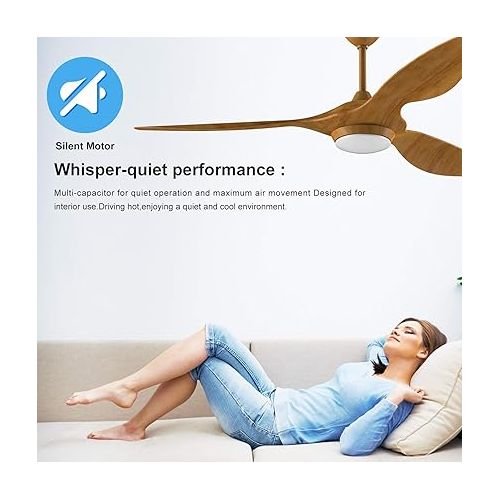  reiga 52 Inch Ceiling Fan with Dimmable LED Light, Remote Control, Modern Blades, Silent Reverse Motor, 6 Speeds, Timer (Wood Color)