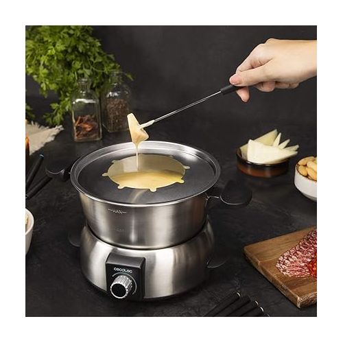  Cecotec FunGourmee Electric Fondue Stainless Steel for 8 People, Adjustable Temperature, 1000 W, with 8 Skewers, for Cheese, Chocolate and Oil