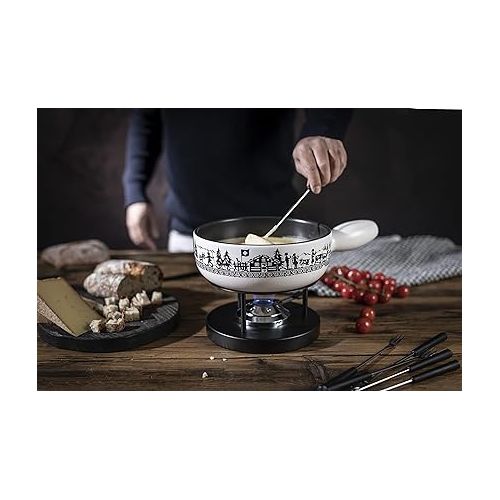  KUHN RIKON Alpine Willow Cheese Fondue Set, 23 am, Made of Clay, Suitable for Induction Cookers, Includes Rechaud, Paste Burner and Forks