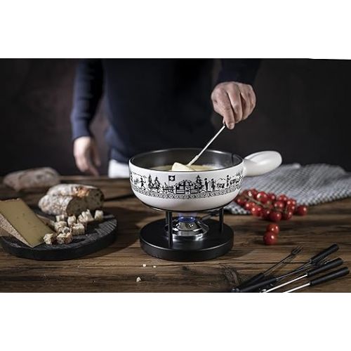  KUHN RIKON Alpine Willow Cheese Fondue Set, 23 am, Made of Clay, Suitable for Induction Cookers, Includes Rechaud, Paste Burner and Forks