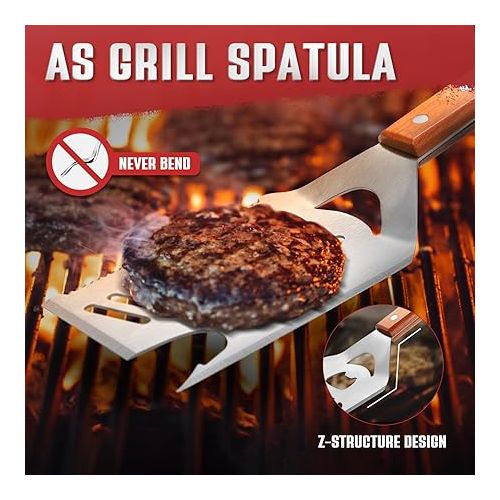  8 in 1 Barbecue Spatula for Barbecue, Barbecue Cutlery with Wooden Handle, Multifunctional Grill Accessories, 40.5 cm Barbecue Turner, Grill Gifts for Men, Knife and Fork, Saw, Bottle Opener for