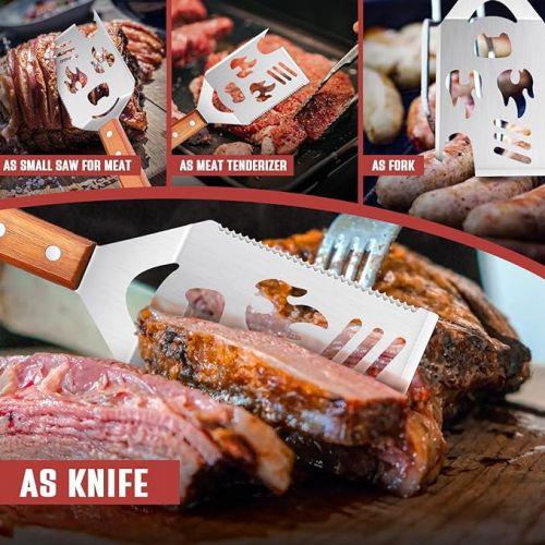  8 in 1 Barbecue Spatula for Barbecue, Barbecue Cutlery with Wooden Handle, Multifunctional Grill Accessories, 40.5 cm Barbecue Turner, Grill Gifts for Men, Knife and Fork, Saw, Bottle Opener for