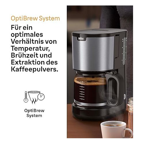  Braun Household PurShine KF 1500 BK Coffee Machine - Filter Coffee Machine with Glass Jug for up to 10 Cups, OptiBrew System, Automatic Shut-Off, 1000 Watt, Black