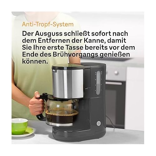  Braun Household PurShine KF 1500 BK Coffee Machine - Filter Coffee Machine with Glass Jug for up to 10 Cups, OptiBrew System, Automatic Shut-Off, 1000 Watt, Black