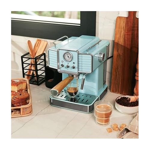  Cecotec Espresso Machine Power Espresso 20 Tradizionale Light Blue, 1350 W, Espresso and Cappuccino, 20 Bar and Thermoblock, Steam Outlet, Pressure Gauge, Vintage Design, Capacity 1.5 Litres