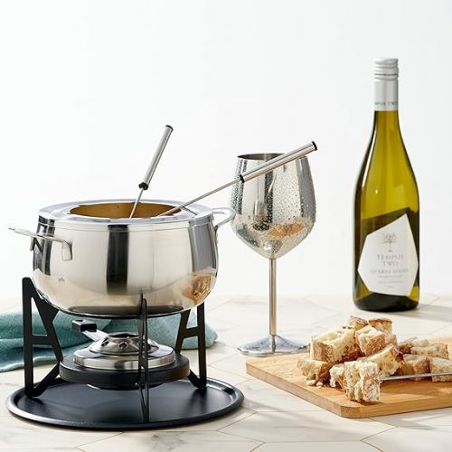  Oak & Steel 10-Piece Premium Stainless Steel Fondue for 6 People - Elegant Silver - Chocolate, Cheese, Meat - Robust & Chic - Gift Set for Valentine's Day/Birthday/Anniversary