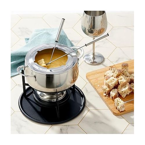  Oak & Steel 10-Piece Premium Stainless Steel Fondue for 6 People - Elegant Silver - Chocolate, Cheese, Meat - Robust & Chic - Gift Set for Valentine's Day/Birthday/Anniversary