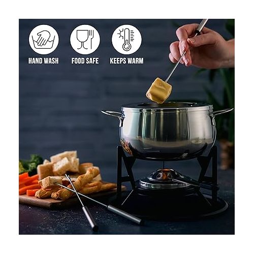  Oak & Steel 10-Piece Premium Stainless Steel Fondue for 6 People - Elegant Silver - Chocolate, Cheese, Meat - Robust & Chic - Gift Set for Valentine's Day/Birthday/Anniversary