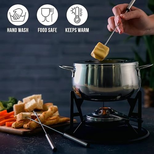  Oak & Steel 10-Piece Premium Stainless Steel Fondue for 6 People - Elegant Silver - Chocolate, Cheese, Meat - Robust & Chic - Gift Set for Valentine's Day/Birthday/Anniversary