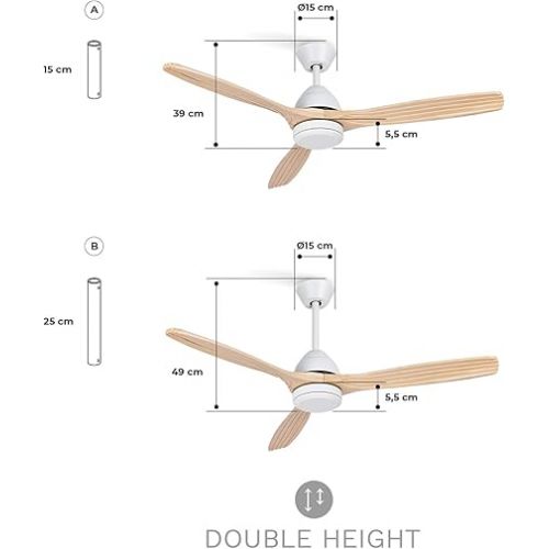  CREATE / WINDCUP/Ceiling Fan White Natural Wood Blade with Remote Control / 40 W, Diameter 132 cm, DC Motor, Quiet, 6 Speeds, Summer Winter Operation