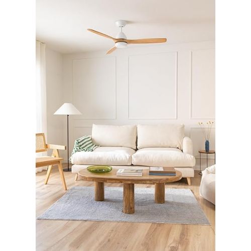  CREATE / WINDCUP/Ceiling Fan White Natural Wood Blade with Remote Control / 40 W, Diameter 132 cm, DC Motor, Quiet, 6 Speeds, Summer Winter Operation