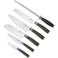HexClad Essential Messerset, 6-teilig, japanische Damastklingen aus rostfreiem Stahl, Full Tang Konstruktion, Griffe aus Pakkaholz