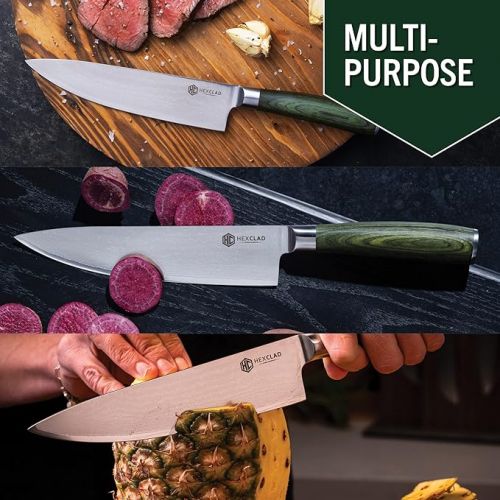  HexClad Essential Messerset, 6-teilig, japanische Damastklingen aus rostfreiem Stahl, Full Tang Konstruktion, Griffe aus Pakkaholz
