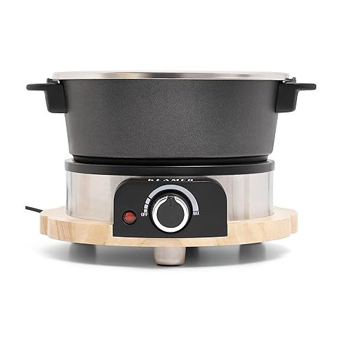  KLAMER Electric fondue set for up to 8 people, including 8 x fondue forks, continuous adjustment, with splash guard, cast aluminium, sustainable rubber tree cladding