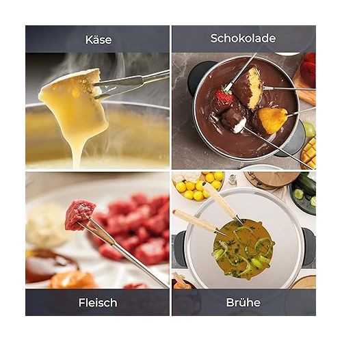  KLAMER Electric fondue set for up to 8 people, including 8 x fondue forks, continuous adjustment, with splash guard, cast aluminium, sustainable rubber tree cladding