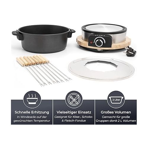  KLAMER Electric fondue set for up to 8 people, including 8 x fondue forks, continuous adjustment, with splash guard, cast aluminium, sustainable rubber tree cladding