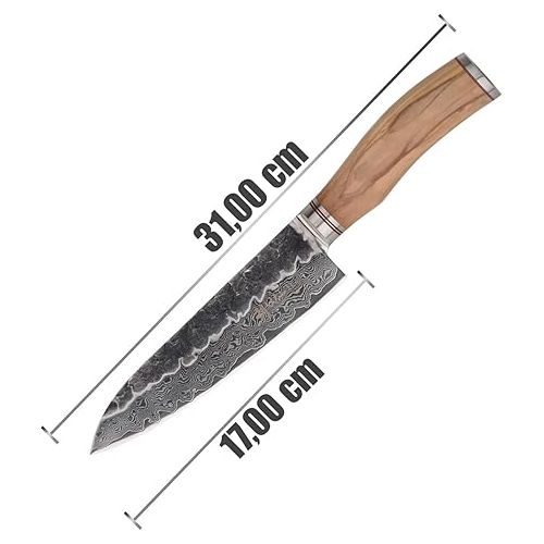  Wakoli Olive HS Damascus Knife Santoku Knife I 17 cm Blade Made from 67 Layers of Genuine Damascus Steel with Elegant Olive Wood Handle and Hammer Strike I Premium Kitchen Knife & Professional Chef's