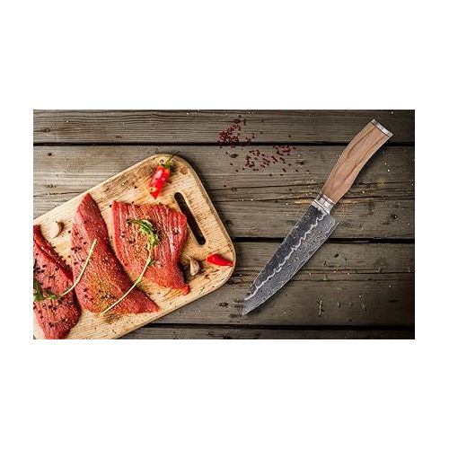  Wakoli Olive HS Damascus Knife Santoku Knife I 17 cm Blade Made from 67 Layers of Genuine Damascus Steel with Elegant Olive Wood Handle and Hammer Strike I Premium Kitchen Knife & Professional Chef's