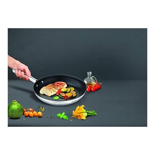  Tefal A704S3 Duetto 3-Piece Frying Pan Set, 20.24 and 28 cm, Integrated Temperature Indicator, Suitable for All Hobs, Including Induction, Stainless Steel/Black, 51.5 x 35.5 x 18 cm