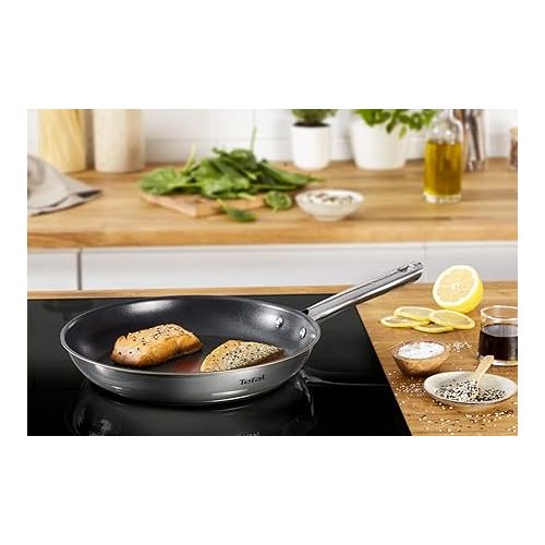  Tefal A704S3 Duetto 3-Piece Frying Pan Set, 20.24 and 28 cm, Integrated Temperature Indicator, Suitable for All Hobs, Including Induction, Stainless Steel/Black, 51.5 x 35.5 x 18 cm