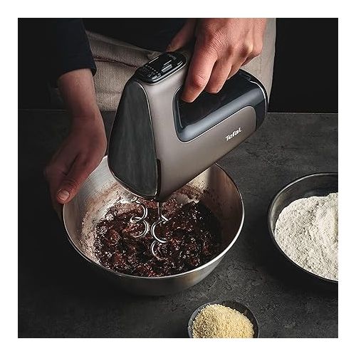  Tefal HT650E Power Mix Silence Hand Mixer | 600 Watt | Variable Speed Control | Turbo and Ejection Function | Extremely Quiet Motor | Includes 2 Whisks and 2 Dough Hooks | Grey