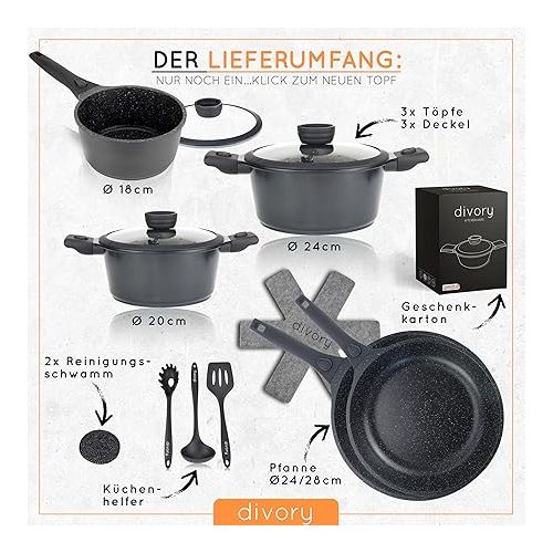  DIVORY Saucepan Set Induction Cookware Set with Lid, Pots and Pans Coated with Removable Handle Including Kitchen Utensil and Gift Box, Black